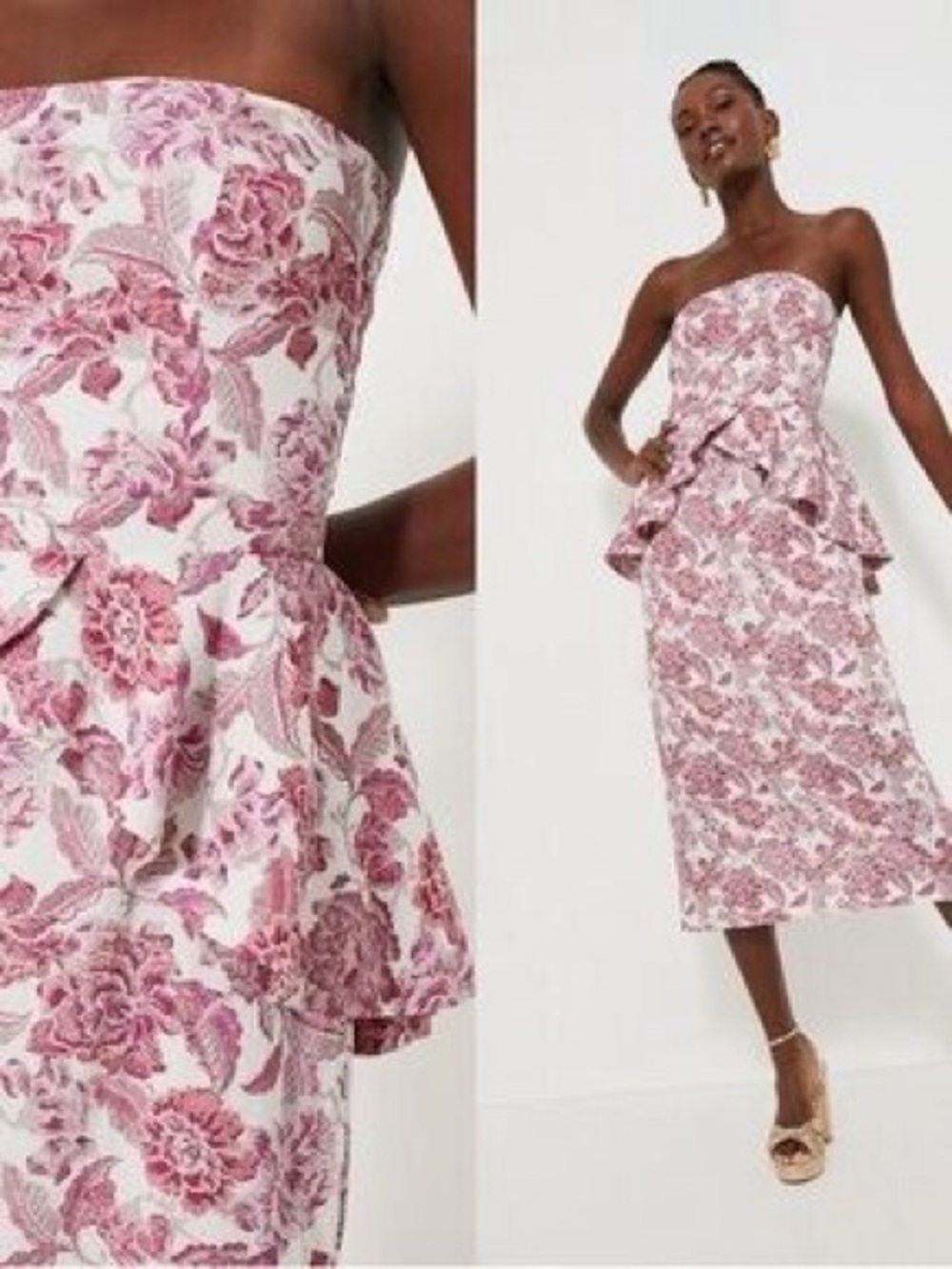 Hyacinth House Floral Strapless Peplum Midi Dress XS Pink Ivory